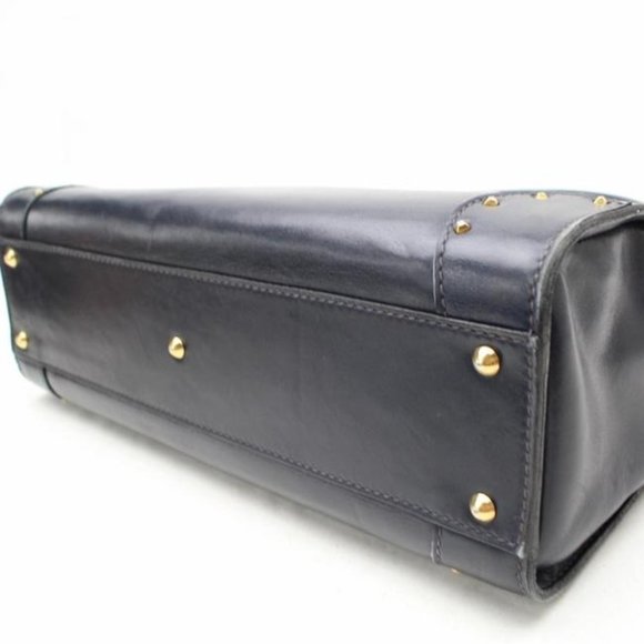 Gucci Navy Blue Leather Horse-bit Top Handle Satchel W Gold Horseshoe Accents - Picture 2 of 11